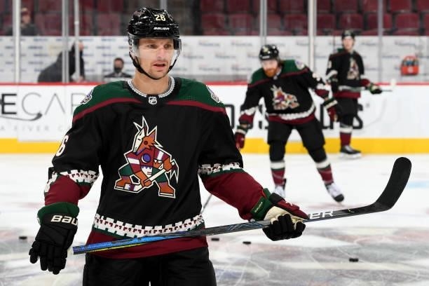 Antoine Roussel of the Arizona Coyotes prepares for a game against the Los Angeles Kings at Gila River Arena on September 27, 2021 in Glendale,...