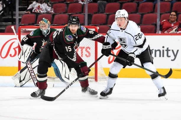 Cameron Crotty of the Arizona Coyotes battles for position in front of the Coyote snet with Jaret Anderson-Dolan of the Los Angeles Kings at Gila...