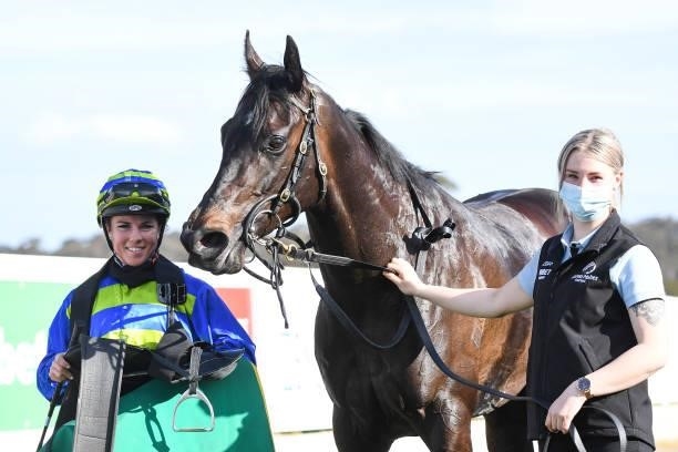 Brownie after winning the RMBL Investments Rising Stars Race F&M BM58 Hcp at Kilmore Racecourse on September 28, 2021 in Kilmore, Australia.