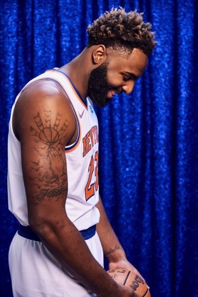 Mitchell Robinson of the New York Knicks poses for a portrait during NBA media day on September 27, 2021 at the Madison Square Garden Training Center...