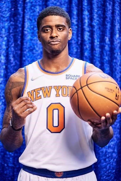 Dwayne Bacon of the New York Knicks poses for a portrait during NBA media day on September 27, 2021 at the Madison Square Garden Training Center in...