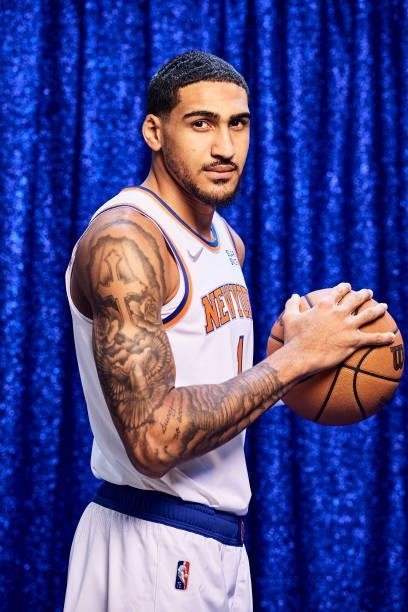 Obi Toppin of the New York Knicks poses for a portrait during NBA media day on September 27, 2021 at the Madison Square Garden Training Center in...