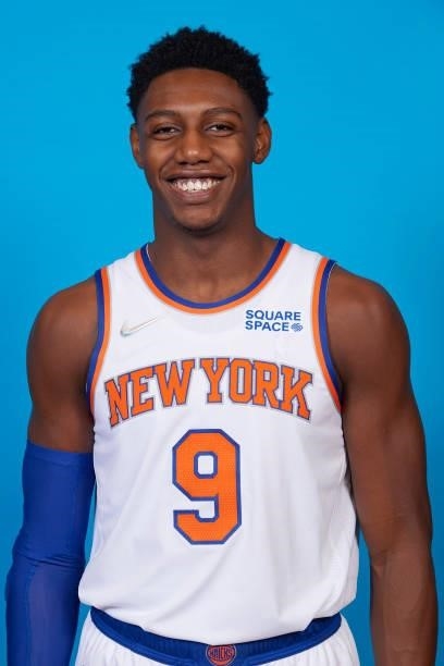 Barrett of the New York Knicks poses for a head shot during NBA media day on September 27, 2021 at the Madison Square Garden Training Center in...