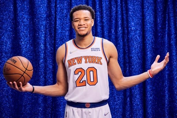 Kevin Knox II of the New York Knicks poses for a portrait during NBA media day on September 27, 2021 at the Madison Square Garden Training Center in...