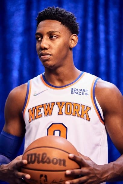 Barrett of the New York Knicks poses for a portrait during NBA media day on September 27, 2021 at the Madison Square Garden Training Center in...