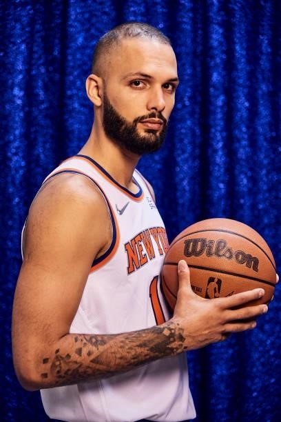 Evan Fournier of the New York Knicks poses for a portrait during NBA media day on September 27, 2021 at the Madison Square Garden Training Center in...