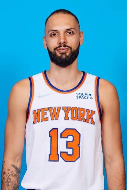 Evan Fournier of the New York Knicks poses for a head shot during NBA media day on September 27, 2021 at the Madison Square Garden Training Center in...