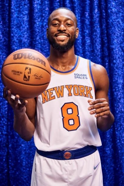 Kemba Walker of the New York Knicks poses for a portrait during NBA media day on September 27, 2021 at the Madison Square Garden Training Center in...