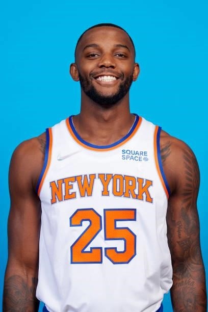 Aamir Simms of the New York Knicks poses for a head shot during NBA media day on September 27, 2021 at the Madison Square Garden Training Center in...