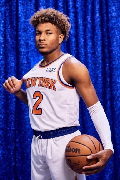 Miles McBride of the New York Knicks poses for a portrait during NBA media day on September 27, 2021 at the Madison Square Garden Training Center in...