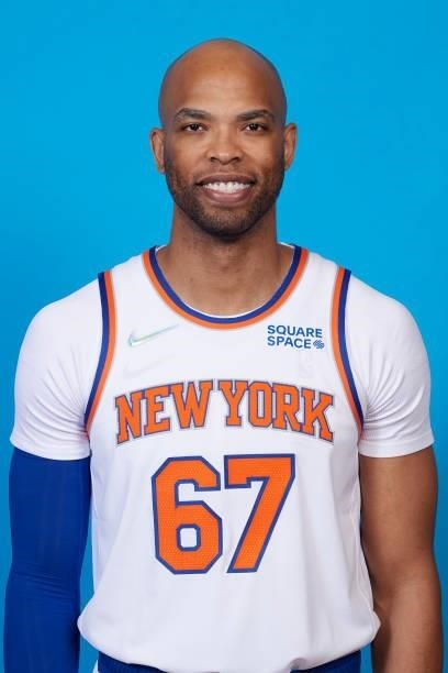 Taj Gibson of the New York Knicks poses for a head shot during NBA media day on September 27, 2021 at the Madison Square Garden Training Center in...