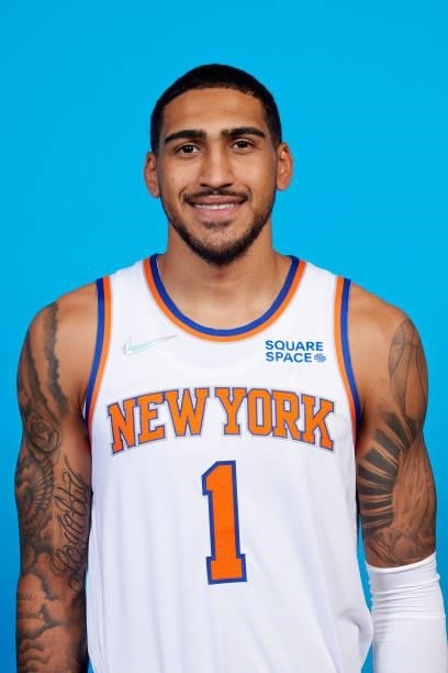 Obi Toppin of the New York Knicks poses for a head shot during NBA media day on September 27, 2021 at the Madison Square Garden Training Center in...