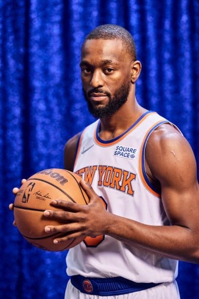 Kemba Walker of the New York Knicks poses for a portrait during NBA media day on September 27, 2021 at the Madison Square Garden Training Center in...