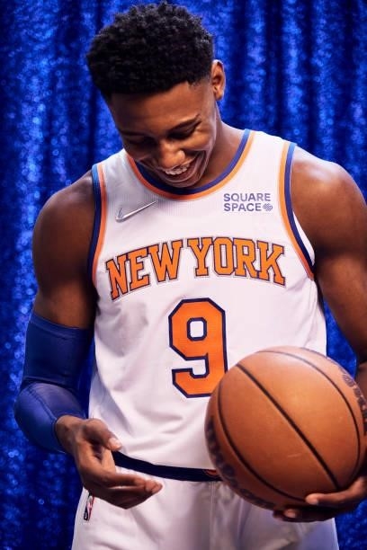 Barrett of the New York Knicks poses for a portrait during NBA media day on September 27, 2021 at the Madison Square Garden Training Center in...