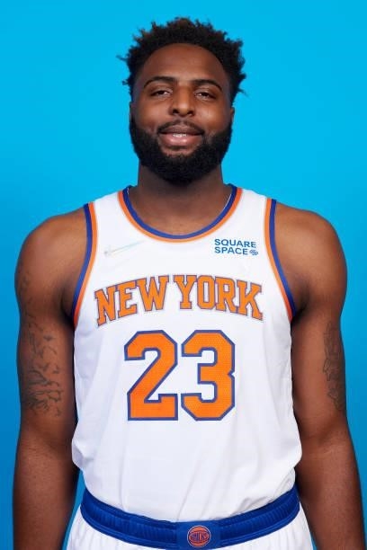 Mitchell Robinson of the New York Knicks poses for a head shot during NBA media day on September 27, 2021 at the Madison Square Garden Training...