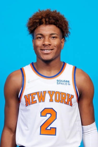 Miles McBride of the New York Knicks poses for a head shot during NBA media day on September 27, 2021 at the Madison Square Garden Training Center in...