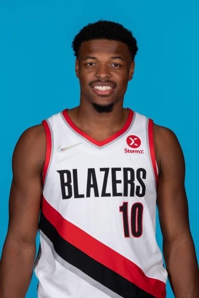 Dennis Smith Jr. #10 of the Portland Trail Blazers poses for a head shot during NBA media day on September 27, 2021 at the MODA Center in Portland,...