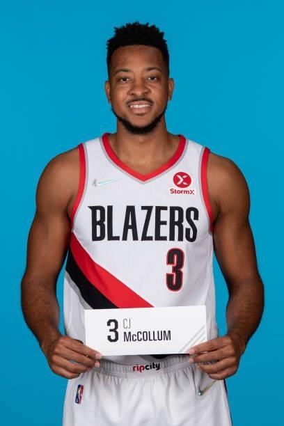 McCollum of the Portland Trail Blazers poses for a head shot during NBA media day on September 27, 2021 at the MODA Center in Portland, Oregon. NOTE...
