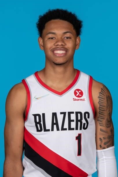 Anfernee Simons of the Portland Trail Blazers poses for a head shot during NBA media day on September 27, 2021 at the MODA Center in Portland,...