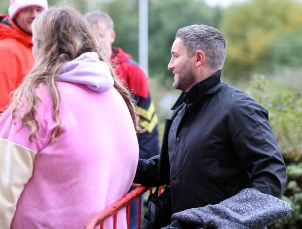 Sunderland head coach Lee Johnson arrives and meets fans before the Sky Bet League One match between Sunderland and Cheltenham Town at Stadium of...