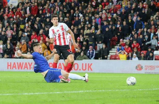 Ross Stewart of Sunderland scores the second goal during the Sky Bet League One match between Sunderland and Cheltenham Town at Stadium of Light on...