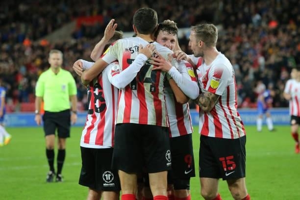 Ross Stewart of Sunderland celebrates after he scores the third goal during the Sky Bet League One match between Sunderland and Cheltenham Town at...