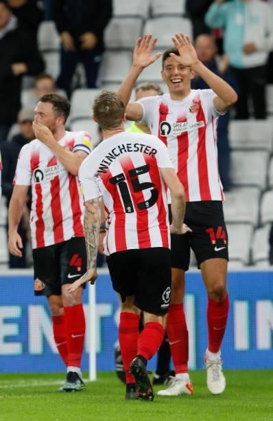 Ross Stewart of Sunderland celebrates after he scores the second goal during the Sky Bet League One match between Sunderland and Cheltenham Town at...