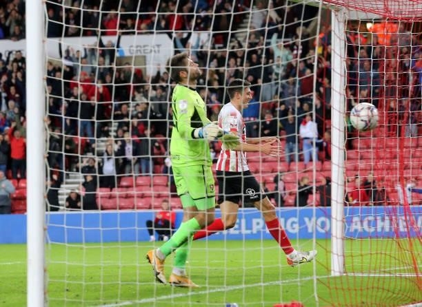Ross Stewart of Sunderland scores the third goal during the Sky Bet League One match between Sunderland and Cheltenham Town at Stadium of Light on...