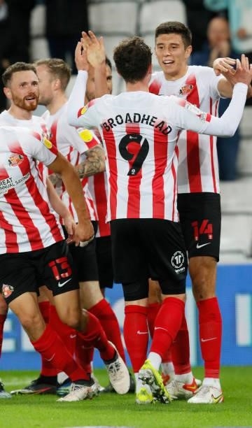 Ross Stewart of Sunderland celebrates after he scores the second goal during the Sky Bet League One match between Sunderland and Cheltenham Town at...