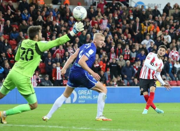 Leon Dajaku of Sunderland scores the fifth goal during the Sky Bet League One match between Sunderland and Cheltenham Town at Stadium of Light on...