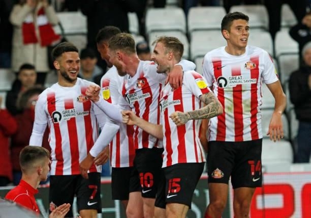 Leon Dajaku of Sunderland celebrates after he scores the fifth goal during the Sky Bet League One match between Sunderland and Cheltenham Town at...