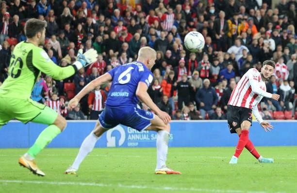 Leon Dajaku of Sunderland scores the fifth goal during the Sky Bet League One match between Sunderland and Cheltenham Town at Stadium of Light on...