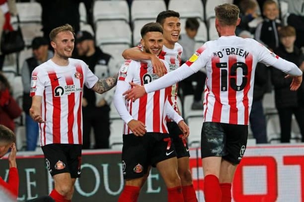 Leon Dajaku of Sunderland celebrates after he scores the fifth goal during the Sky Bet League One match between Sunderland and Cheltenham Town at...