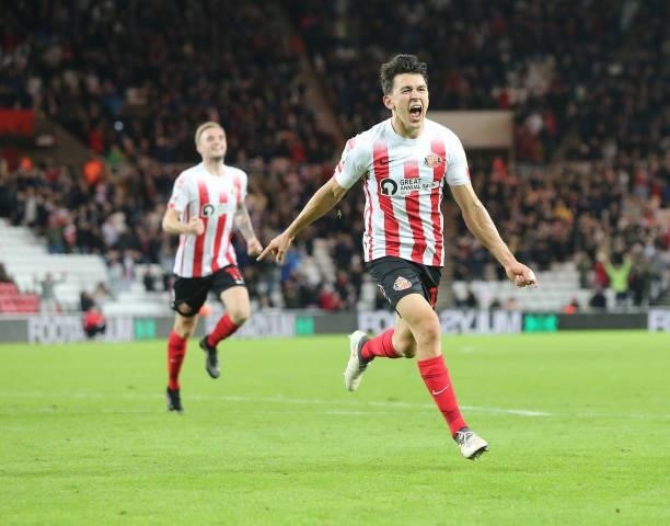 Luke O'Nien of Sunderland celebrates after he scores the fourth goal during the Sky Bet League One match between Sunderland and Cheltenham Town at...