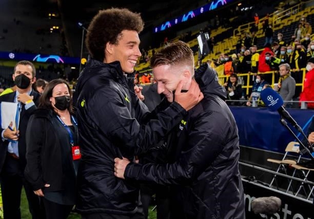 Marco Reus and Axel Witsel of Borussia Dortmund after the final whistle during the Champions League Group C match between Borussia Dortmund and...
