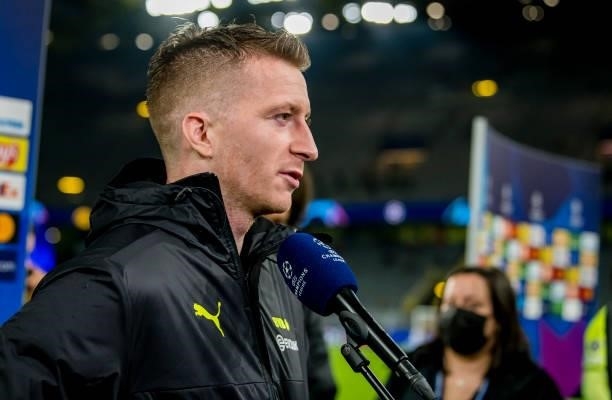 Marco Reus of Borussia Dortmund is giving an interview after the final whistle during the Champions League Group C match between Borussia Dortmund...