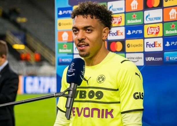 Donyell Malen of Borussia Dortmund is giving an interview after the final whistle during the Champions League Group C match between Borussia Dortmund...