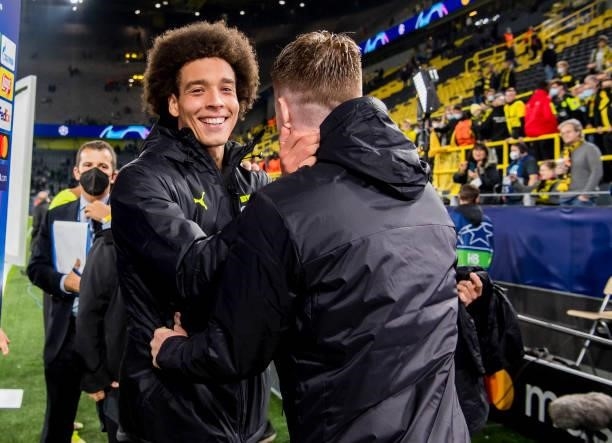 Marco Reus and Axel Witsel of Borussia Dortmund after the final whistle during the Champions League Group C match between Borussia Dortmund and...