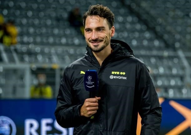 Mats Hummels of Borussia Dortmund gives an interview after the final whistle during the Champions League Group C match between Borussia Dortmund and...