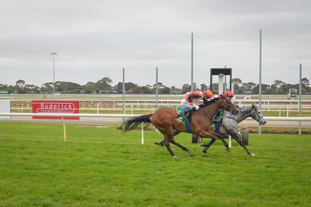 Grey Khan ridden by Tianni Chapman wins the APCO Service Stations BM64 Handicap at Geelong Racecourse on September 29, 2021 in Geelong, Australia.