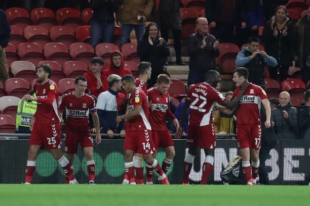 Middlesbrough's Paddy McNair celebrates with his team mates after scoring their second goalduring the Sky Bet Championship match between...