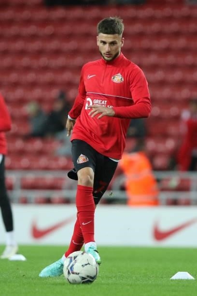 Leon Dajaku of Sunderland warms up during the Sky Bet League 1 match between Sunderland and Cheltenham Town at the Stadium Of Light, Sunderland on...