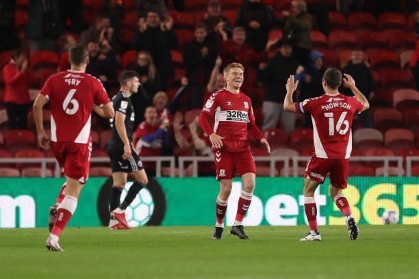 Middlesbrough's Duncan Watmore celebrates after scoring their first goal during the Sky Bet Championship match between Middlesbrough and Sheffield...