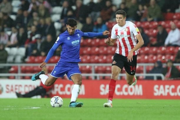 Conor Thomas of Cheltenham Town in action during the Sky Bet League 1 match between Sunderland and Cheltenham Town at the Stadium Of Light,...