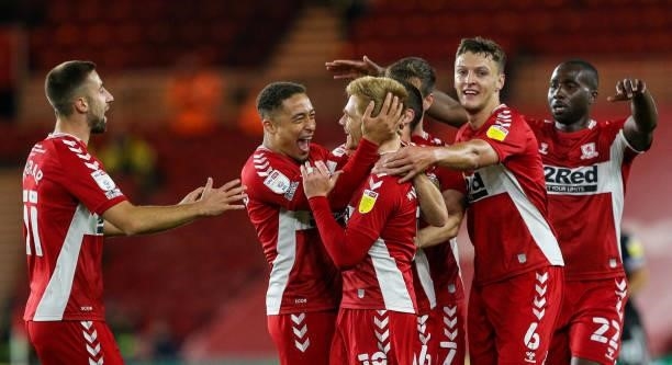 Middlesbrough's Duncan Watmore celebrates scoring the opening goal with teammates during the Sky Bet Championship match between Middlesbrough and...