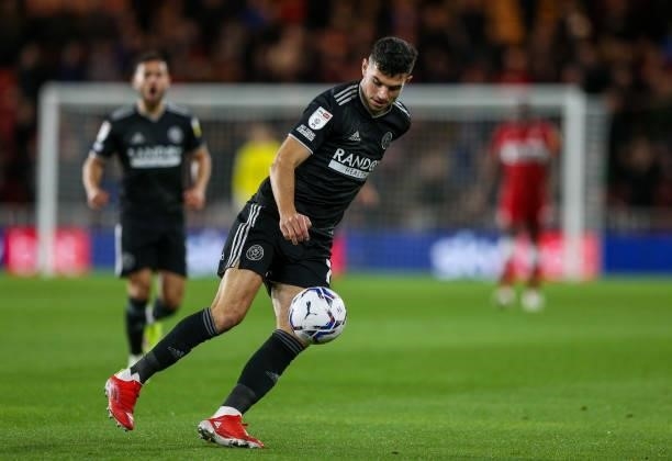 Sheffield United's John Egan during the Sky Bet Championship match between Middlesbrough and Sheffield United at Riverside Stadium on September 28,...