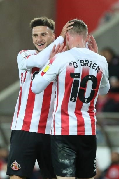Leon Dajaku of Sunderland and Aiden O'Brien of Sunderland seen during the Sky Bet League 1 match between Sunderland and Cheltenham Town at the...