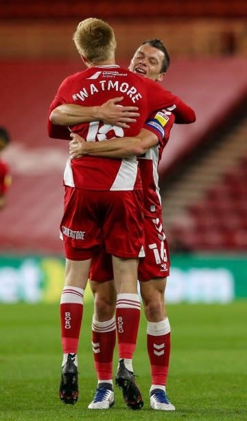 Middlesbrough's Duncan Watmore celebrates scoring the opening goal with Jonny Howson during the Sky Bet Championship match between Middlesbrough and...