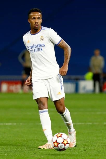 Eder Militao of Real Madrid during the UEFA Champions League match between Real Madrid and Sheriff Tiraspol Munich at Estadio Santiago Bernabeu in...