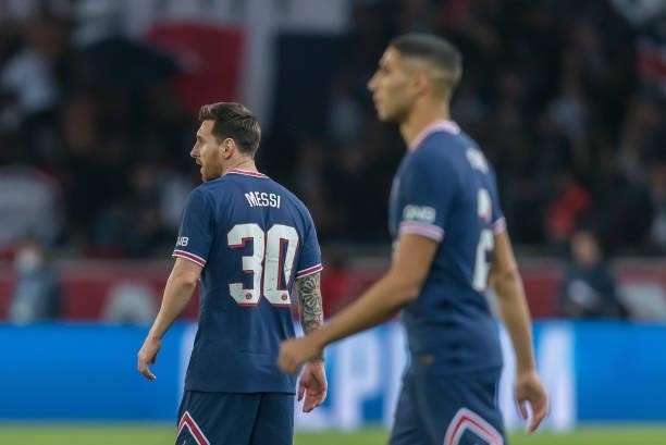 Lionel Messi of Paris Saint-Germain and Achraf Hakimi of Paris Saint-Germain Looks on during the UEFA Champions League match between Paris Saint...